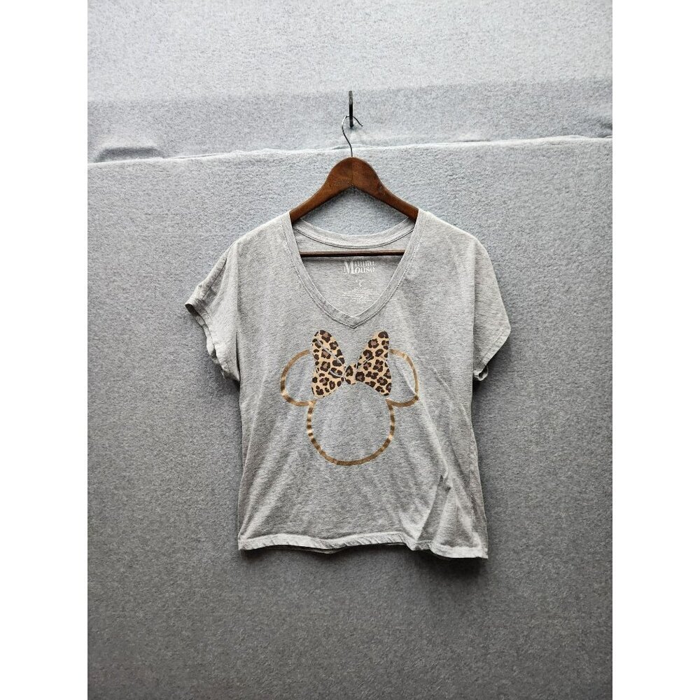 Disney Minnie Mouse Gray T-Shirt With Leopard Bow‎ Graphic Womens S